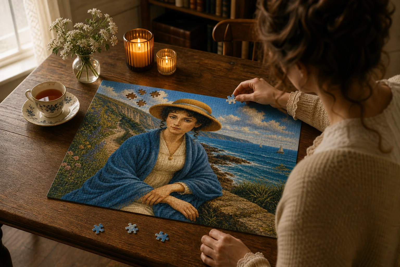Anne Elliot puzzle on a table with tea and candles